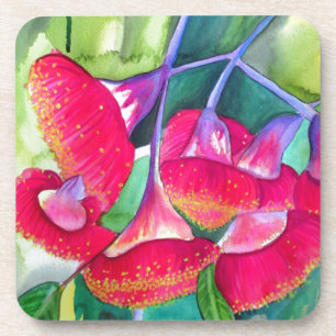 Australian red flowering gumnuts watercolor art coaster