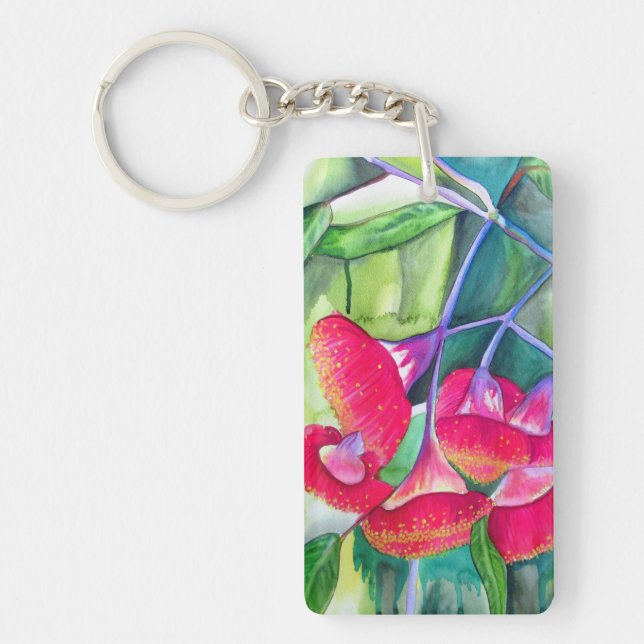 Australian red flowering gumnuts watercolor art keychain (Front)