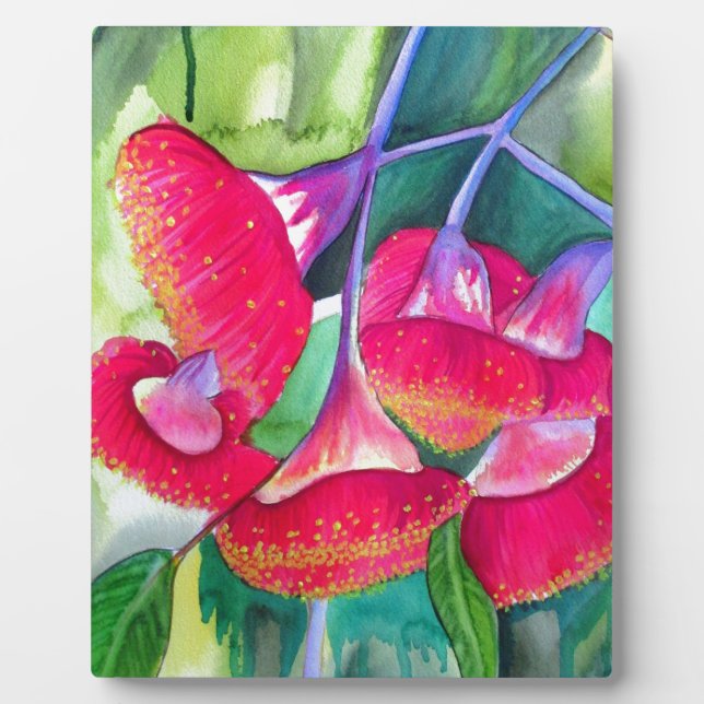 Australian red flowering gumnuts watercolor art plaque (Front)