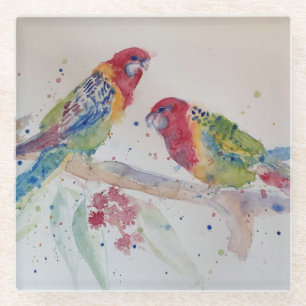 Australian Red Rosella Parrot Watercolour art Glass Coaster