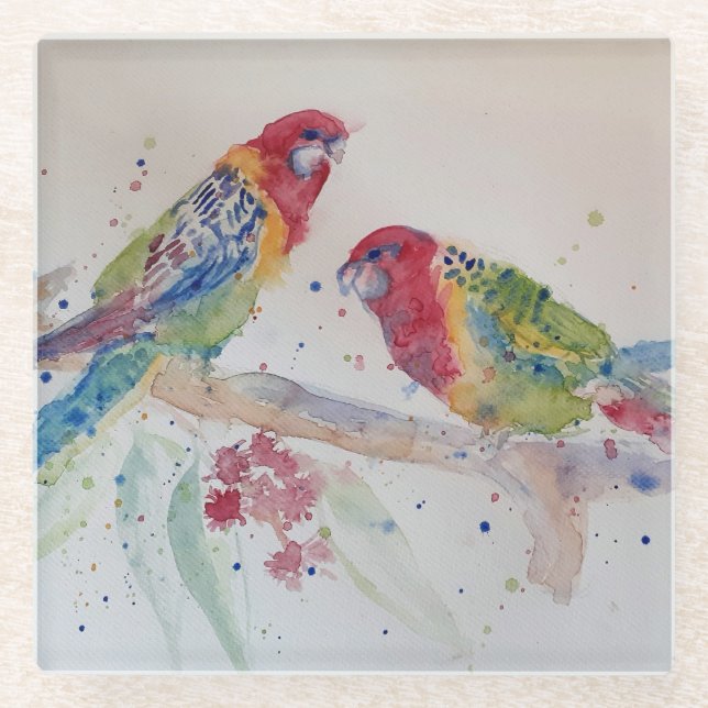 Australian Red Rosella Parrot Watercolour art Glass Coaster (Front)