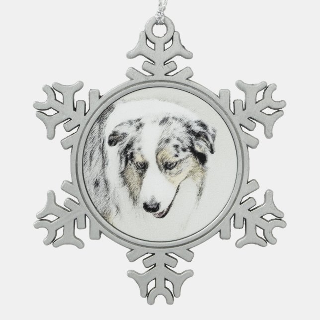 Australian Shepherd 2 Painting - Original Dog Art Snowflake Pewter Christmas Ornament (Front)