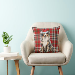 Australian Shepherd and Red Plaid Christmas Dog Throw Pillow