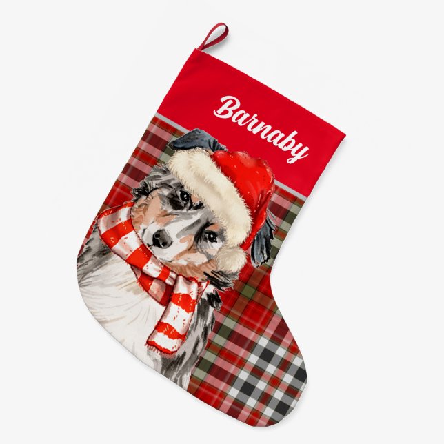 Australian Shepherd and Red Plaid with Dog's Name Large Christmas Stocking (Front (Hanging))