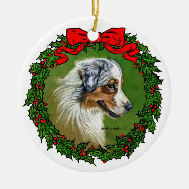 Australian Shepherd Art by Glenda S. Harlan Ceramic Ornament (Front)