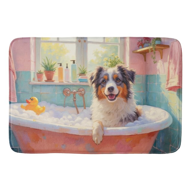 Australian Shepherd Bath Time Cute Bathroom Decor Mat (Front)