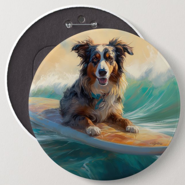 Australian Shepherd Beach Surfing Painting 6 Inch Round Button (Front & Back)