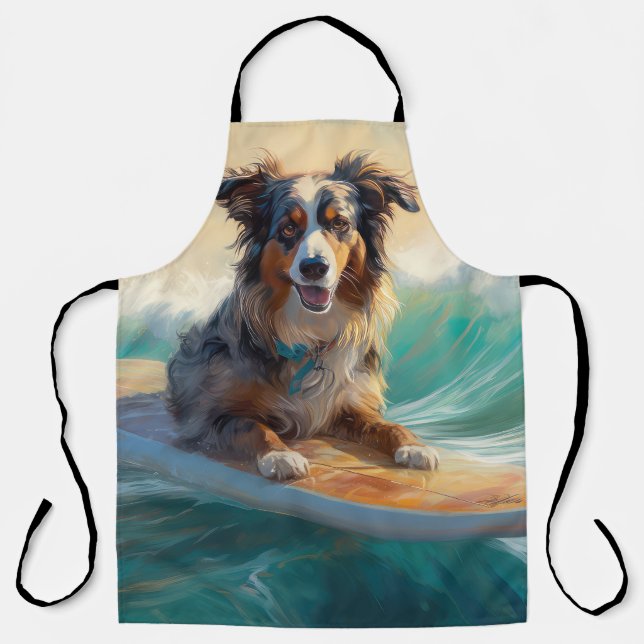 Australian Shepherd Beach Surfing Painting Apron (Front)