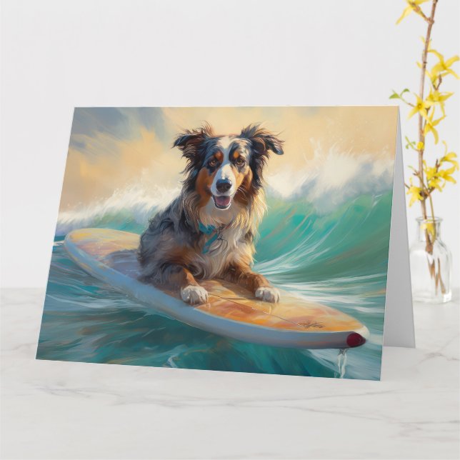 Australian Shepherd Beach Surfing Painting Card (Yellow Flower)