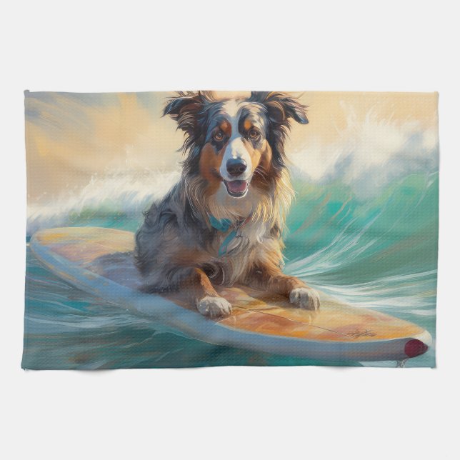 Australian Shepherd Beach Surfing Painting Kitchen Towel (Horizontal)