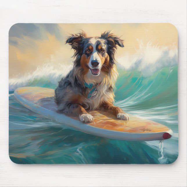 Australian Shepherd Beach Surfing Painting Mouse Pad (Front)