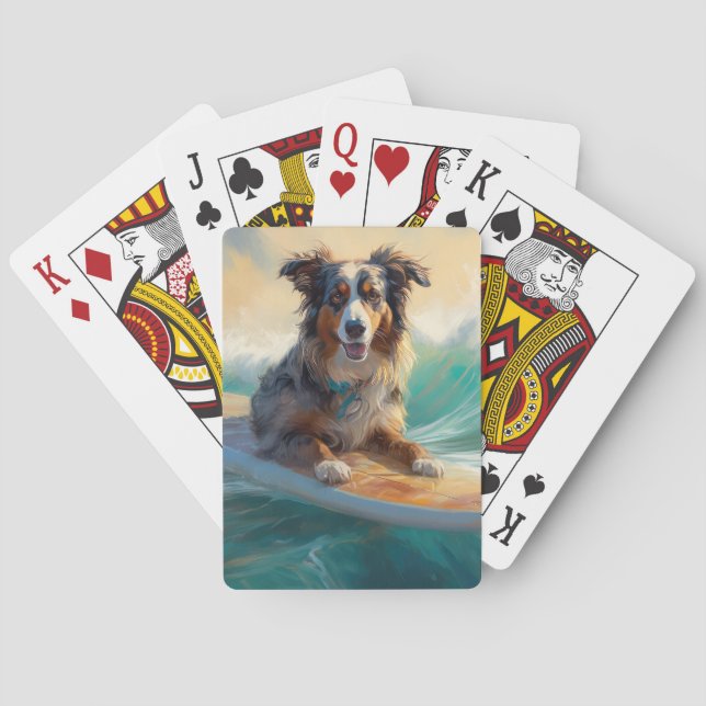 Australian Shepherd Beach Surfing Painting Playing Cards (Back)