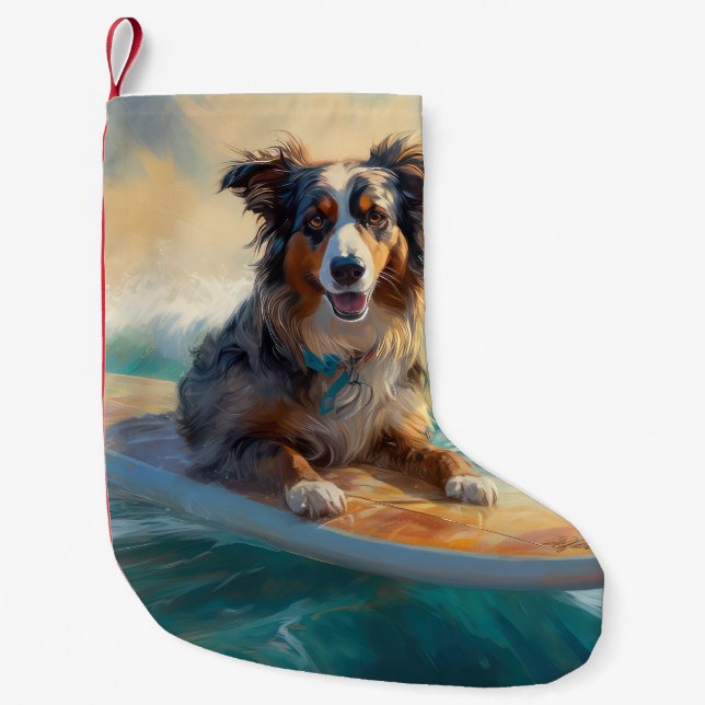 Australian Shepherd Beach Surfing Painting Small Christmas Stocking (Front)