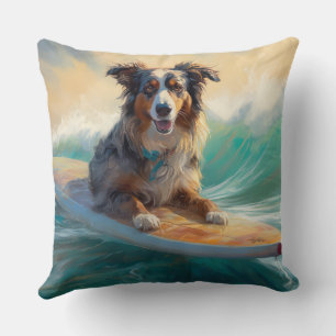 Australian Shepherd Beach Surfing Painting Throw Pillow