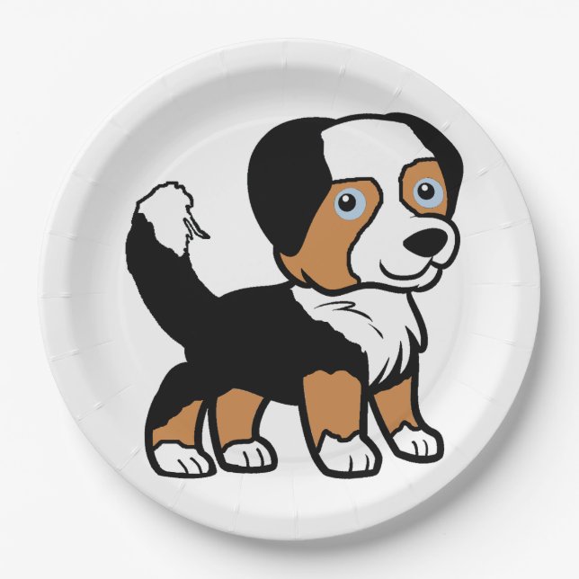 Australian Shepherd Black Tri Cartoon With Tail Paper Plate (Front)