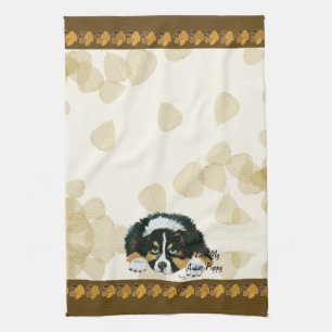 Australian Shepherd Black Tri Puppy ~Tan Leaves Kitchen Towel