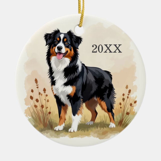 Australian Shepherd Black Tricolor Aussie Dog Ceramic Ornament (Front)