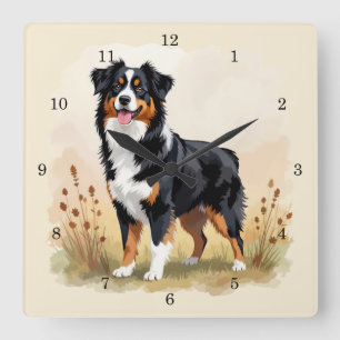 Australian Shepherd Black Tricolor Aussie Dog Square Wall Clock