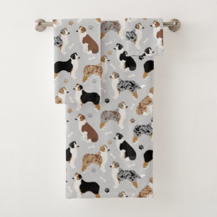 Australian Shepherd Bones and Paws Purple Bath Tow Bath Towel Set