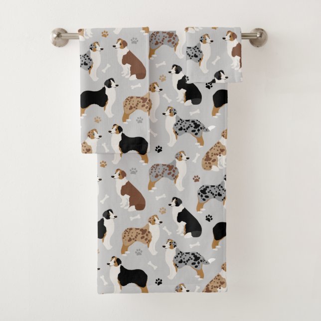 Australian Shepherd Bones and Paws Purple Bath Tow Towel Set (Insitu)