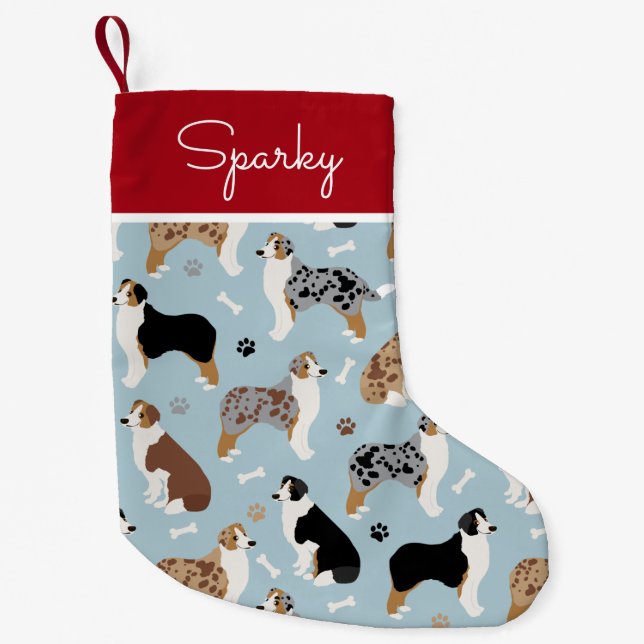 Australian Shepherd Bones and Paws Small Christmas Stocking (Front)