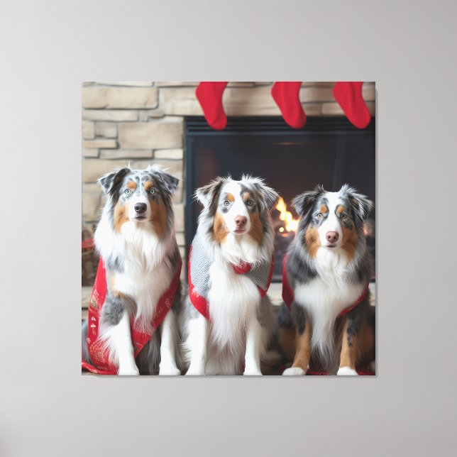 Australian Shepherd by the Fireplace Christmas Canvas Print (Front)