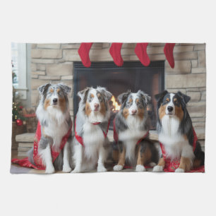 Australian Shepherd by the Fireplace Christmas Kitchen Towel