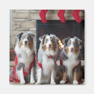 Australian Shepherd by the Fireplace Christmas Magnet