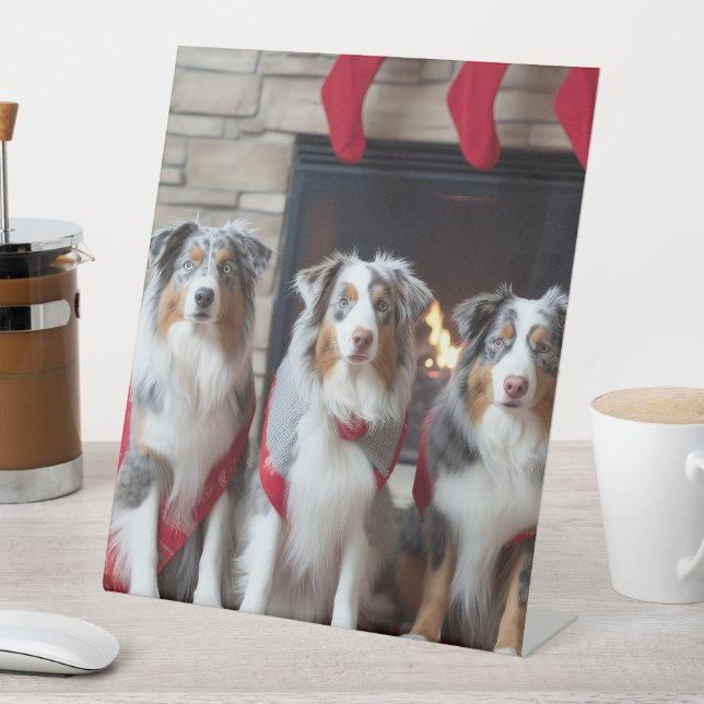 Australian Shepherd by the Fireplace Christmas Pedestal Sign (In SItu)