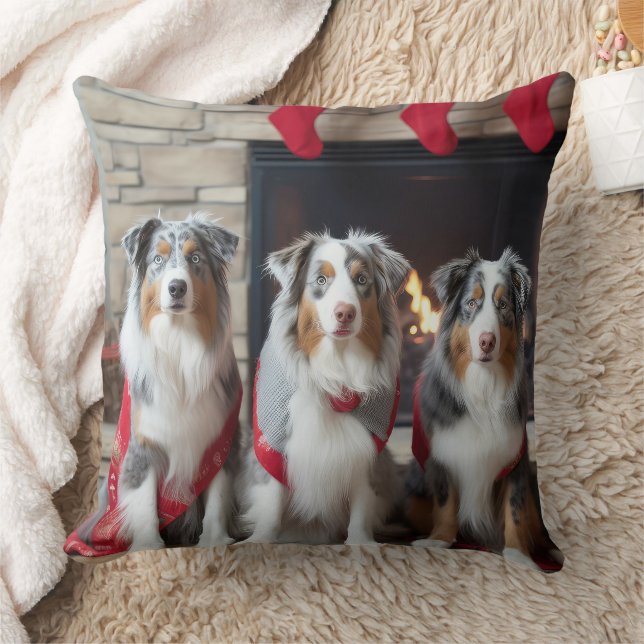 Australian Shepherd by the Fireplace Christmas Throw Pillow (Blanket)