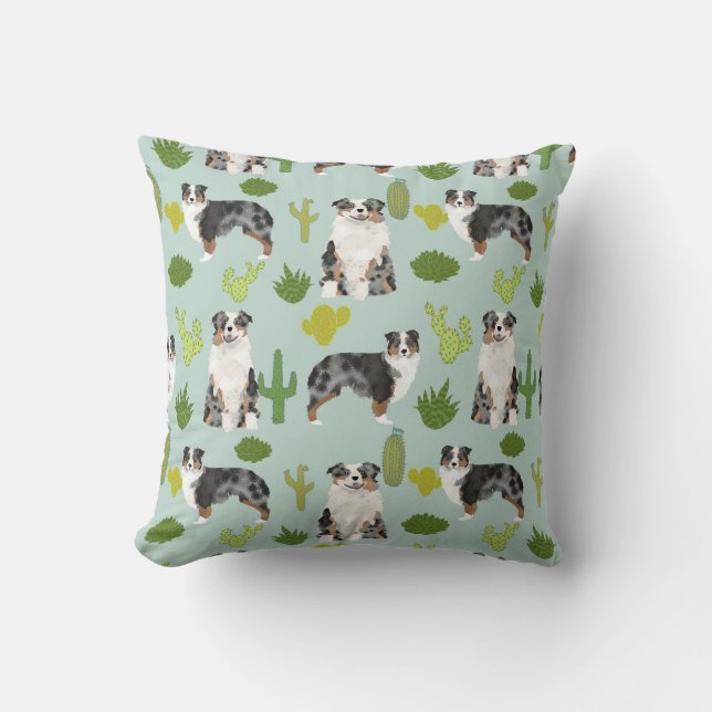 Australian Shepherd Cactus Throw Pillow (Front)