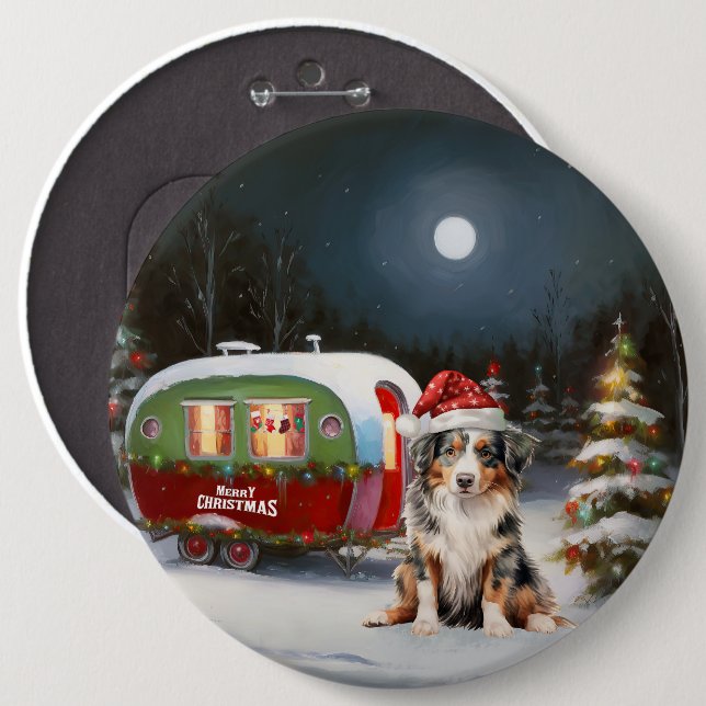 Australian Shepherd Caravan Christmas Adventure 6 Inch Round Button (Front & Back)