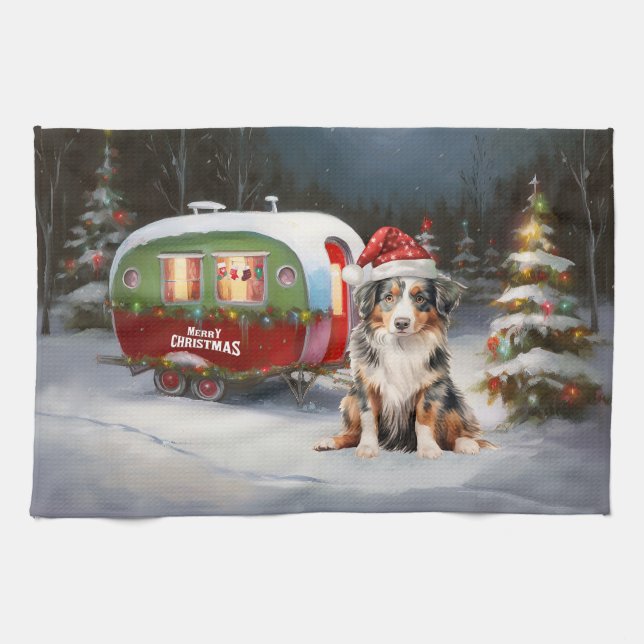Australian Shepherd Caravan Christmas Adventure Kitchen Towel (Horizontal)
