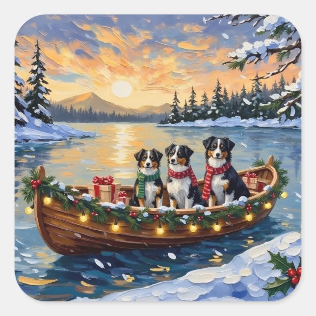 Australian Shepherd Christmas Boat Holiday Square Sticker (Front)