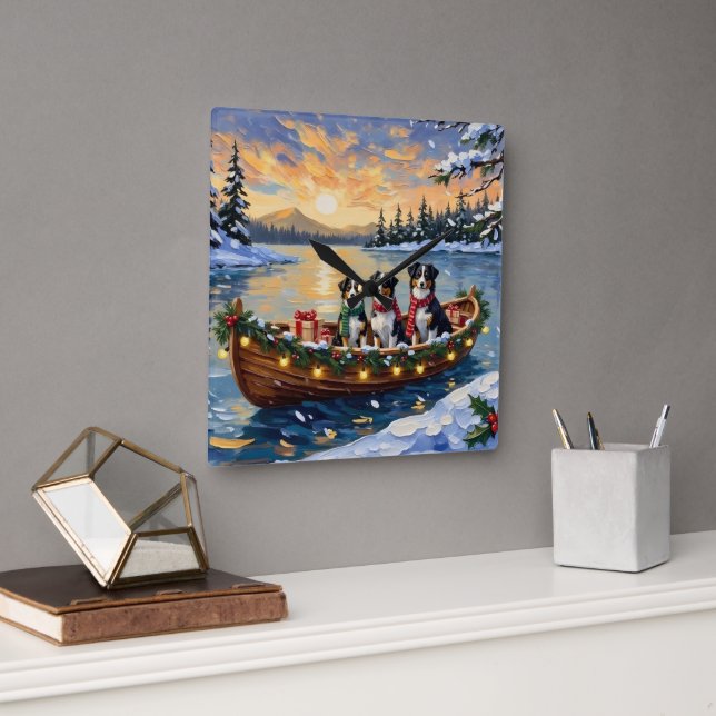 Australian Shepherd Christmas Boat Holiday Square Wall Clock (Office)