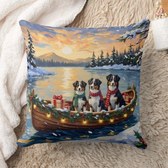 Australian Shepherd Christmas Boat Holiday Throw Pillow (Blanket)