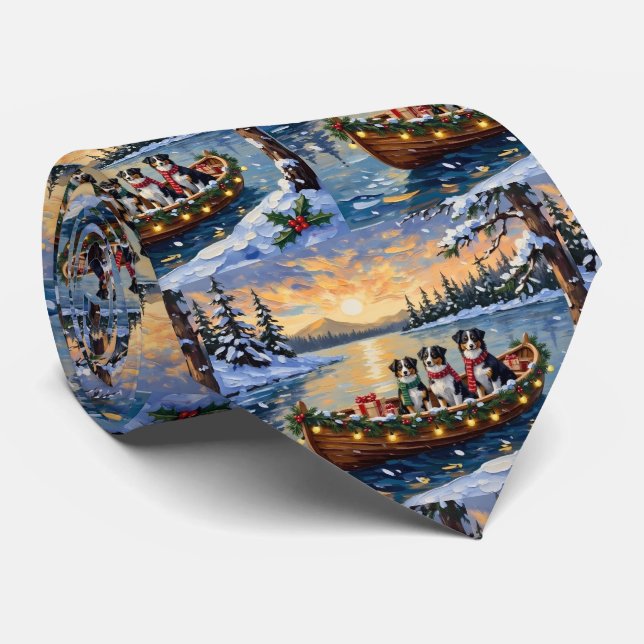 Australian Shepherd Christmas Boat Holiday Tie (Rolled)