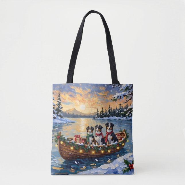 Australian Shepherd Christmas Boat Holiday Tote Bag (Front)