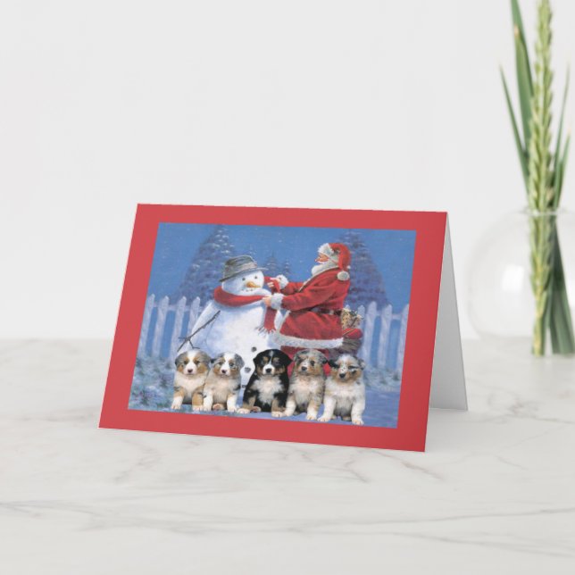 Australian Shepherd Christmas Card Santa and Snowm (Front)
