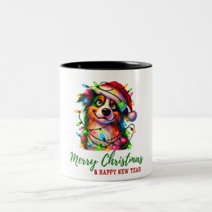Australian Shepherd Christmas dog fairy lights cut Two-Tone Coffee Mug