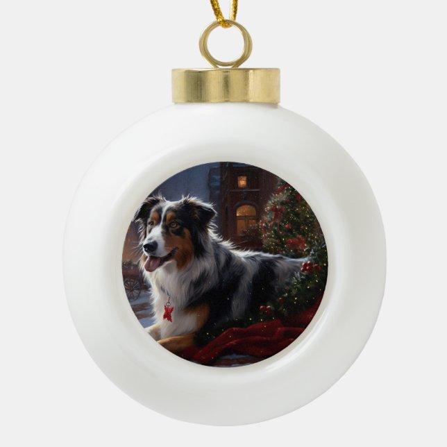 Australian Shepherd Christmas Festive Season  Ceramic Ball Christmas Ornament (Front)