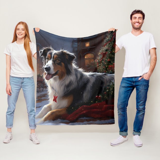 Australian Shepherd Christmas Festive Season  Fleece Blanket (In Situ)