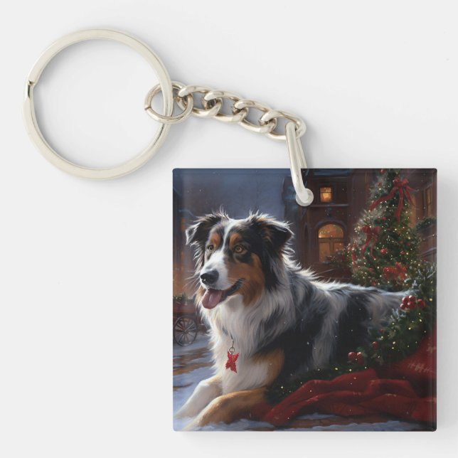 Australian Shepherd Christmas Festive Season  Keychain (Front)