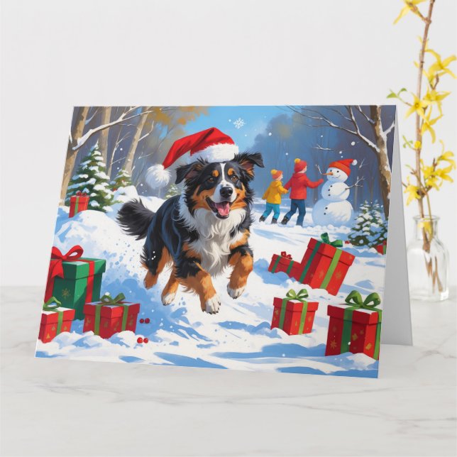 Australian Shepherd Christmas Festive Snow Scene Card (Yellow Flower)