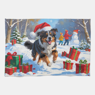 Australian Shepherd Christmas Festive Snow Scene Kitchen Towel