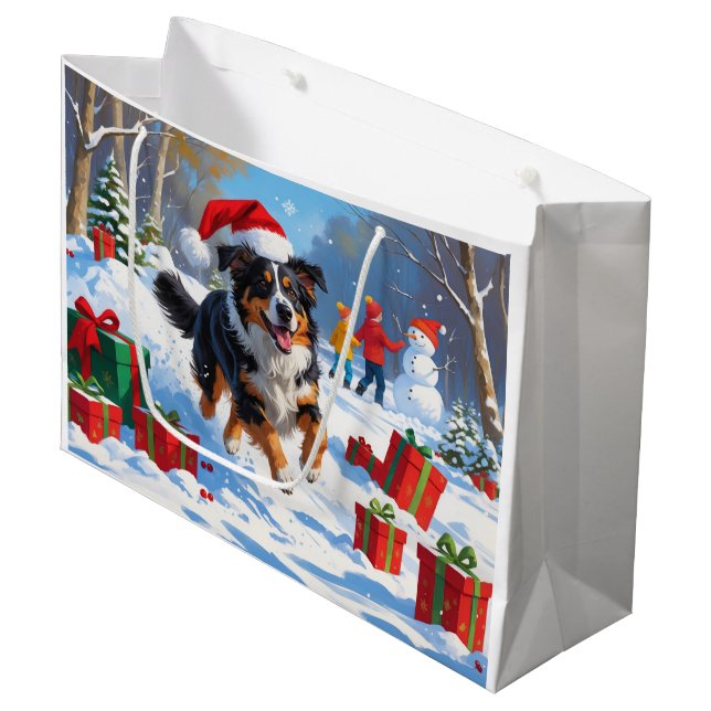 Australian Shepherd Christmas Festive Snow Scene Large Gift Bag (Front Angled)