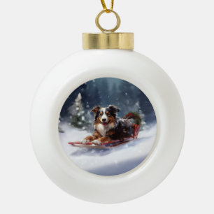 Australian Shepherd Christmas snow winter Ceramic Ball Christmas Ornament