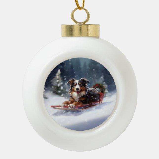 Australian Shepherd Christmas snow winter Ceramic Ball Christmas Ornament (Front)
