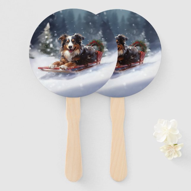 Australian Shepherd Christmas snow winter Hand Fan (Front and Back)