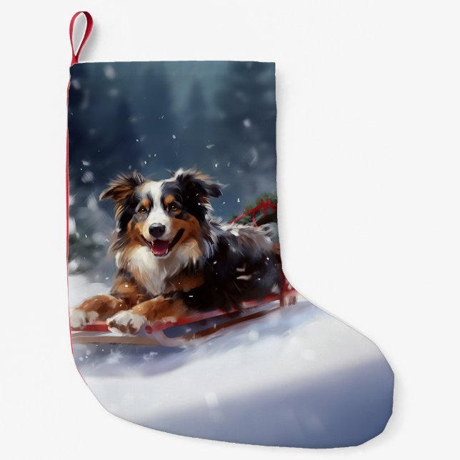 Australian Shepherd Christmas snow winter Small Christmas Stocking (Front)